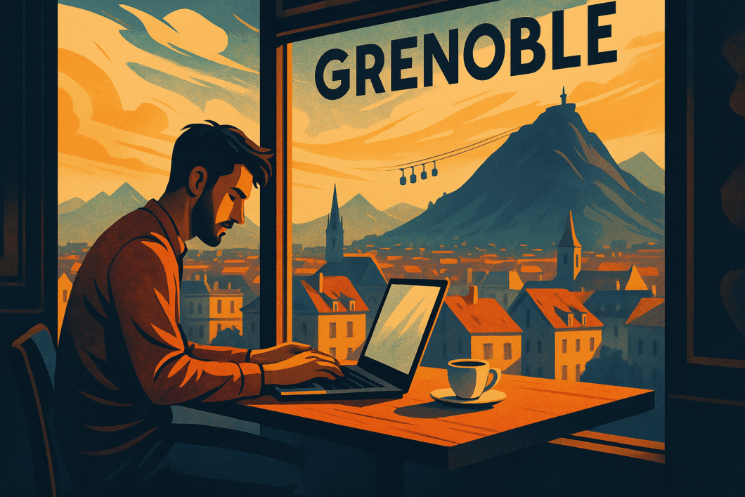 Illustration artistique représentant un travailleur indépendant à Grenoble, seul face à son ordinateur dans un espace moderne et lumineux.