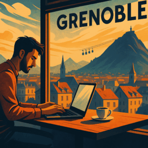 Illustration artistique représentant un travailleur indépendant à Grenoble, seul face à son ordinateur dans un espace moderne et lumineux.