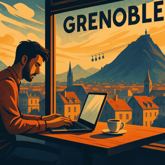 Illustration artistique représentant un travailleur indépendant à Grenoble, seul face à son ordinateur dans un espace moderne et lumineux.
