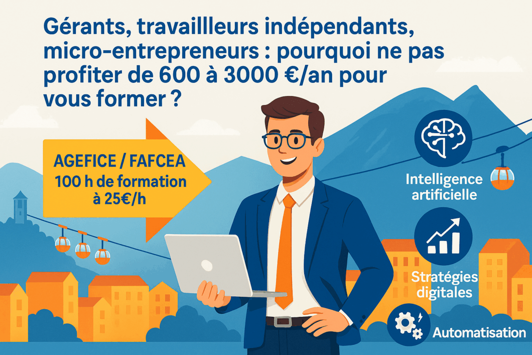 Un travailleur indépendant concentré devant son ordinateur, entouré d’éléments graphiques affichant les montants de budgets formation disponibles selon les statuts (AGEFICE, FAFCEA, FIFPL)