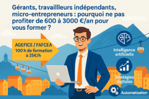Un travailleur indépendant concentré devant son ordinateur, entouré d’éléments graphiques affichant les montants de budgets formation disponibles selon les statuts (AGEFICE, FAFCEA, FIFPL)