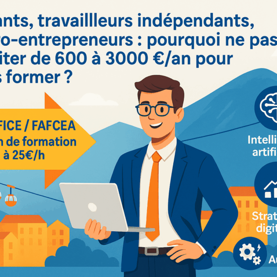 Un travailleur indépendant concentré devant son ordinateur, entouré d’éléments graphiques affichant les montants de budgets formation disponibles selon les statuts (AGEFICE, FAFCEA, FIFPL)