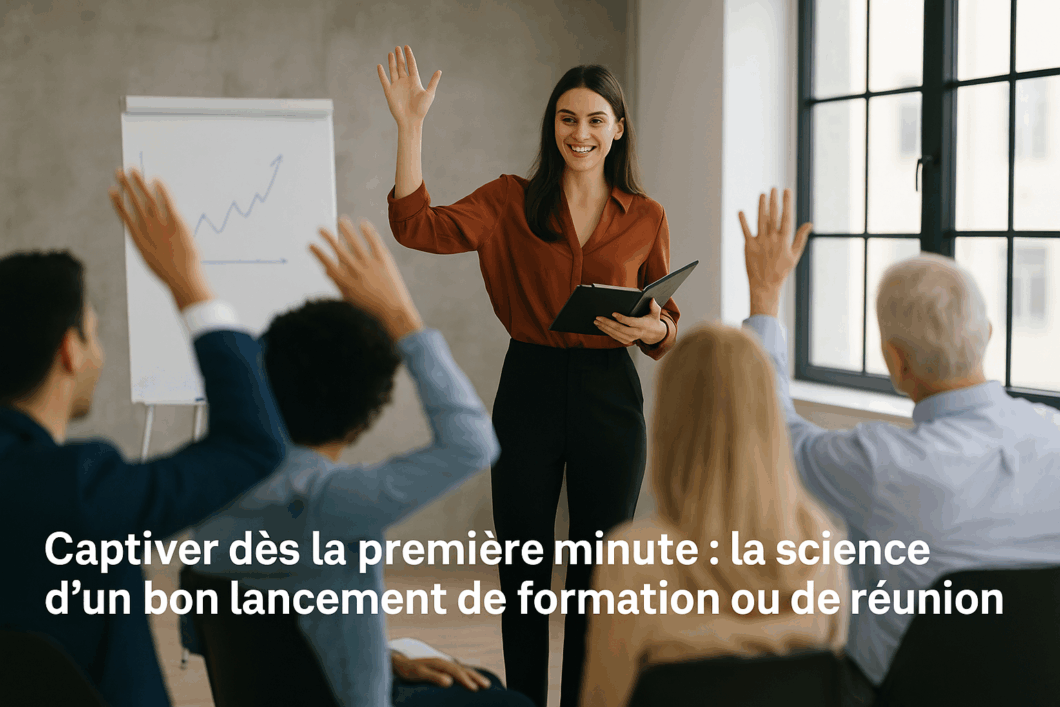 Un formateur debout devant un groupe attentif dans une salle lumineuse, utilisant des gestes expressifs pour lancer une session de formation et captiver dès la première seconde