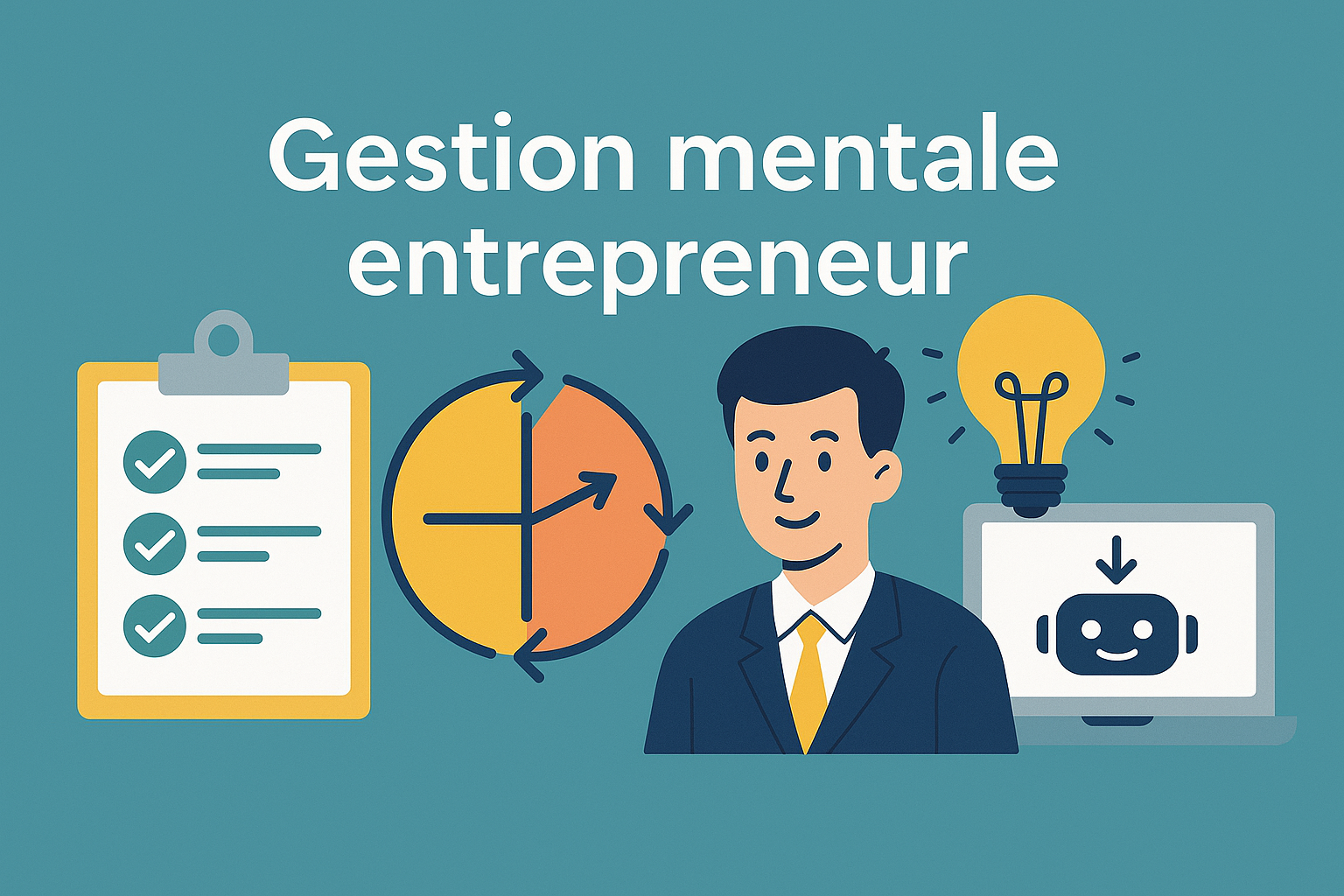 Illustration d’un entrepreneur assis à son bureau, dépassé par une multitude de post-its, de listes et de notifications flottant autour de lui, symbolisant la surcharge mentale due à une organisation inefficace