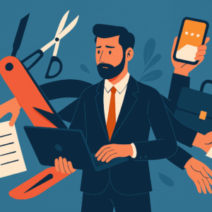 Illustration d’un entrepreneur transformé en couteau suisse humain, surchargé de tâches (facturation, marketing, SAV, design) avec une expression d’épuisement, symbolisant les freins psychologiques de l’entrepreneur face à la délégation.