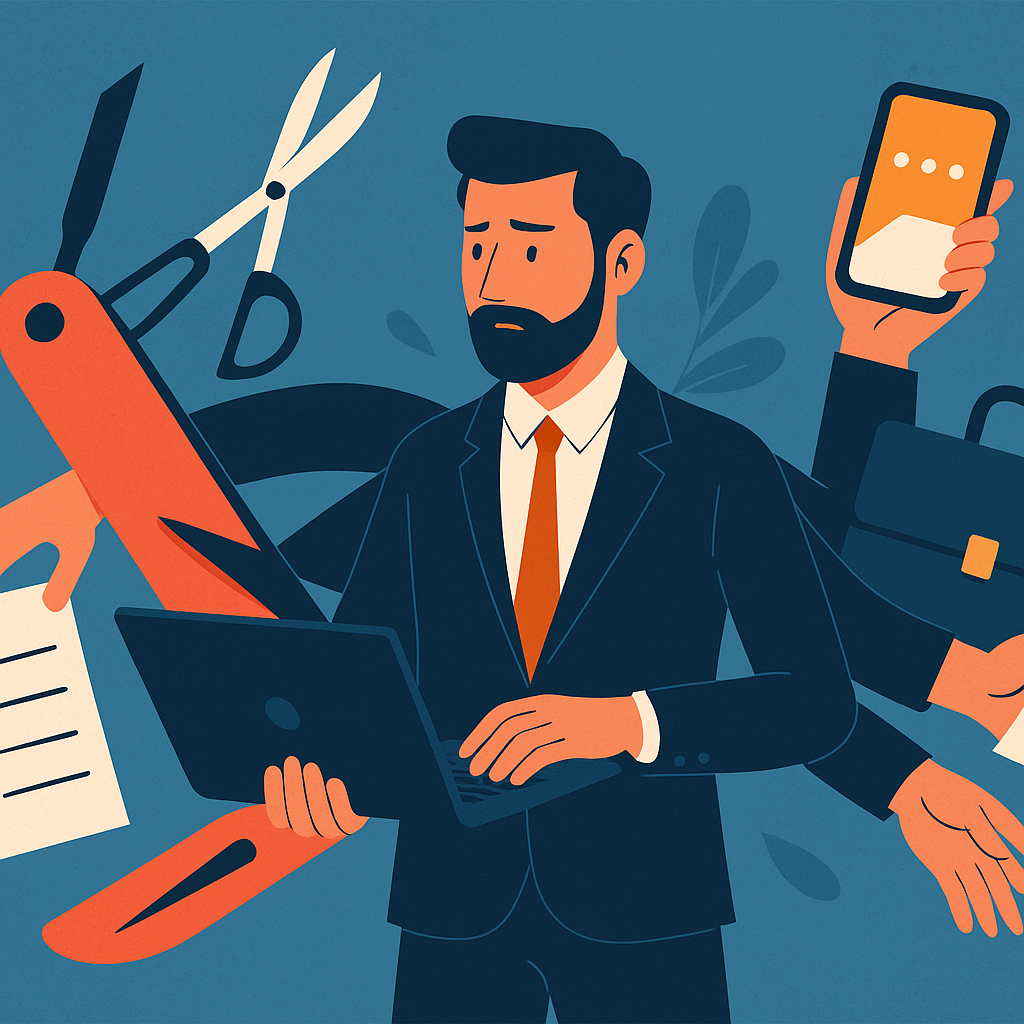 Illustration d’un entrepreneur transformé en couteau suisse humain, surchargé de tâches (facturation, marketing, SAV, design) avec une expression d’épuisement, symbolisant les freins psychologiques de l’entrepreneur face à la délégation.