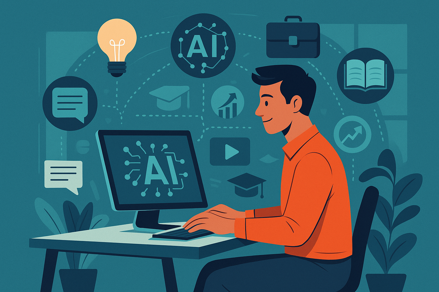 Illustration moderne montrant un entrepreneur découvrant l’intelligence artificielle, entouré de symboles de formation, d’outils IA et de perspectives professionnelles.