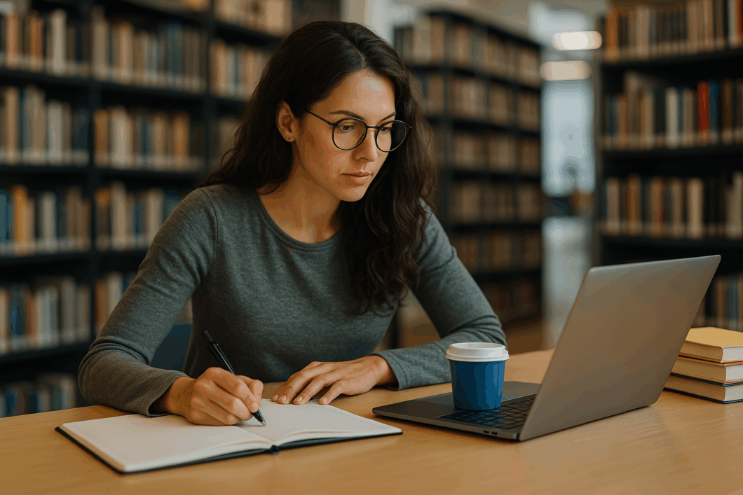 Jeune entrepreneuse concentrée devant son ordinateur, suivant une formation en ligne depuis un café, illustrant l'importance de la formation pour les indépendants.