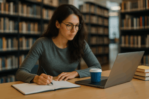 Jeune entrepreneuse concentrée devant son ordinateur, suivant une formation en ligne depuis un café, illustrant l'importance de la formation pour les indépendants.
