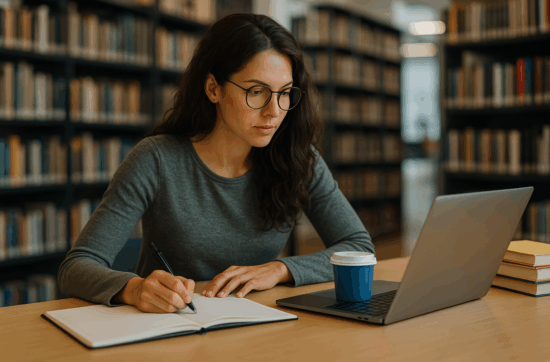 Jeune entrepreneuse concentrée devant son ordinateur, suivant une formation en ligne depuis un café, illustrant l'importance de la formation pour les indépendants.