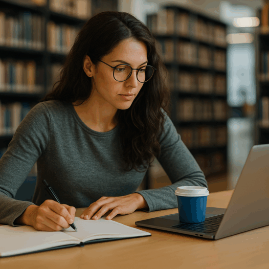 Jeune entrepreneuse concentrée devant son ordinateur, suivant une formation en ligne depuis un café, illustrant l'importance de la formation pour les indépendants.