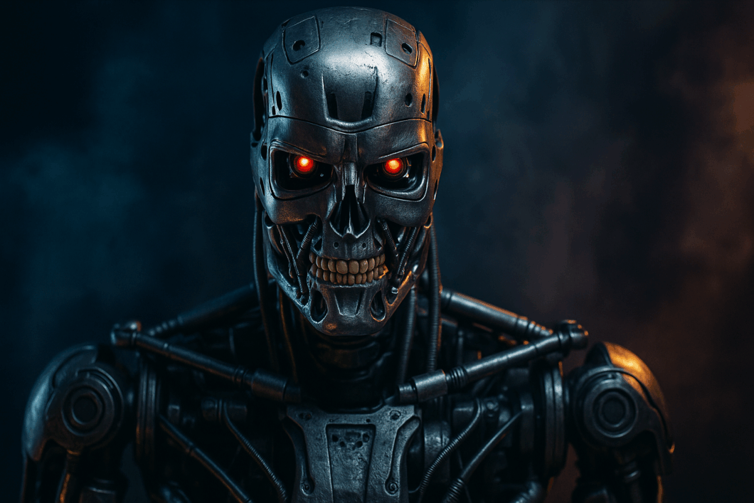 Image futuriste d’un visage humanoïde métallique inspiré de Terminator, illustrant la question : Les intelligences artificielles peuvent-elles mentir et manipuler ?