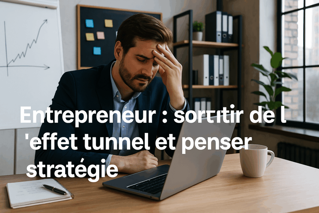 Un homme d'affaires concentré, assis à son bureau dans un bureau sombre, entouré d'écrans lumineux, illustrant l'effet de tunnel du gérant absorbé par ses tâches quotidiennes.