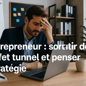 Un homme d'affaires concentré, assis à son bureau dans un bureau sombre, entouré d'écrans lumineux, illustrant l'effet de tunnel du gérant absorbé par ses tâches quotidiennes.