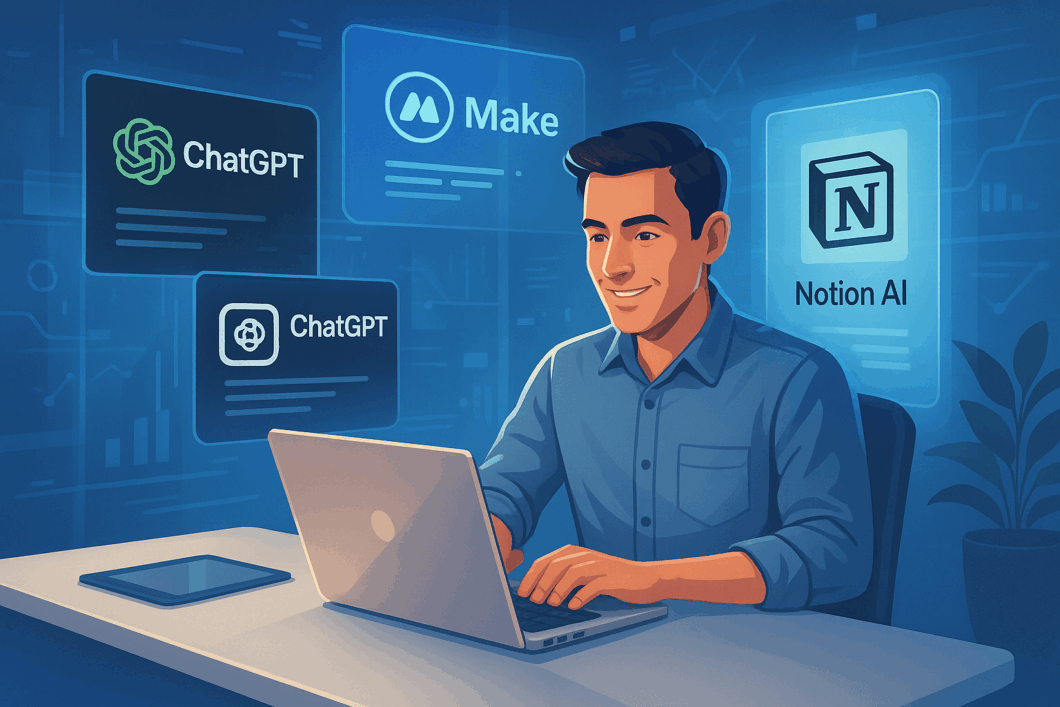 Un jeune entrepreneur utilise l’intelligence artificielle sur son ordinateur portable dans un environnement de travail moderne, symbolisant l’innovation et la transformation numérique