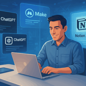 Un jeune entrepreneur utilise l’intelligence artificielle sur son ordinateur portable dans un environnement de travail moderne, symbolisant l’innovation et la transformation numérique