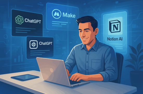 Un jeune entrepreneur utilise l’intelligence artificielle sur son ordinateur portable dans un environnement de travail moderne, symbolisant l’innovation et la transformation numérique