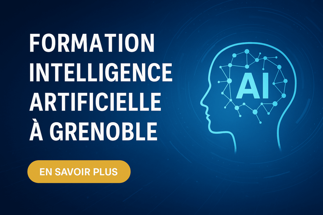 Graphisme digital moderne représentant des éléments liés à l’intelligence artificielle, à la formation et à la ville de Grenoble, avec des icônes technologiques et des repères visuels urbains.