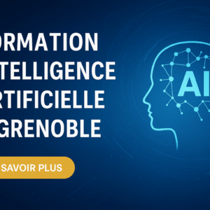 Graphisme digital moderne représentant des éléments liés à l’intelligence artificielle, à la formation et à la ville de Grenoble, avec des icônes technologiques et des repères visuels urbains.