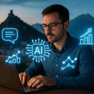 Un homme en pleine concentration devant son ordinateur dans un espace de coworking moderne à Grenoble, illustrant l’engagement dans une formation en intelligence artificielle.