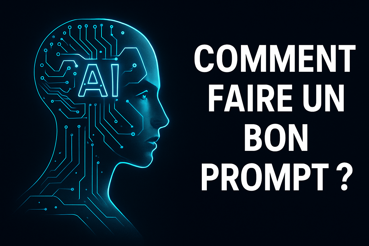 Image futuriste représentant une intelligence artificielle avec le texte “Comment faire un bon prompt ?” sur fond noir.