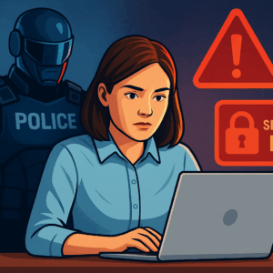 Une salariée travaille sur son ordinateur au bureau, de face, pendant qu’un policier du futur la surveille en arrière-plan. Des alertes de sécurité sur les données sensibles apparaissent autour d’elle. Illustration réaliste et stylisée des enjeux liés à l’utilisation de l’intelligence artificielle au bureau.