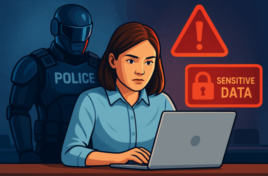 Une salariée travaille sur son ordinateur au bureau, de face, pendant qu’un policier du futur la surveille en arrière-plan. Des alertes de sécurité sur les données sensibles apparaissent autour d’elle. Illustration réaliste et stylisée des enjeux liés à l’utilisation de l’intelligence artificielle au bureau.