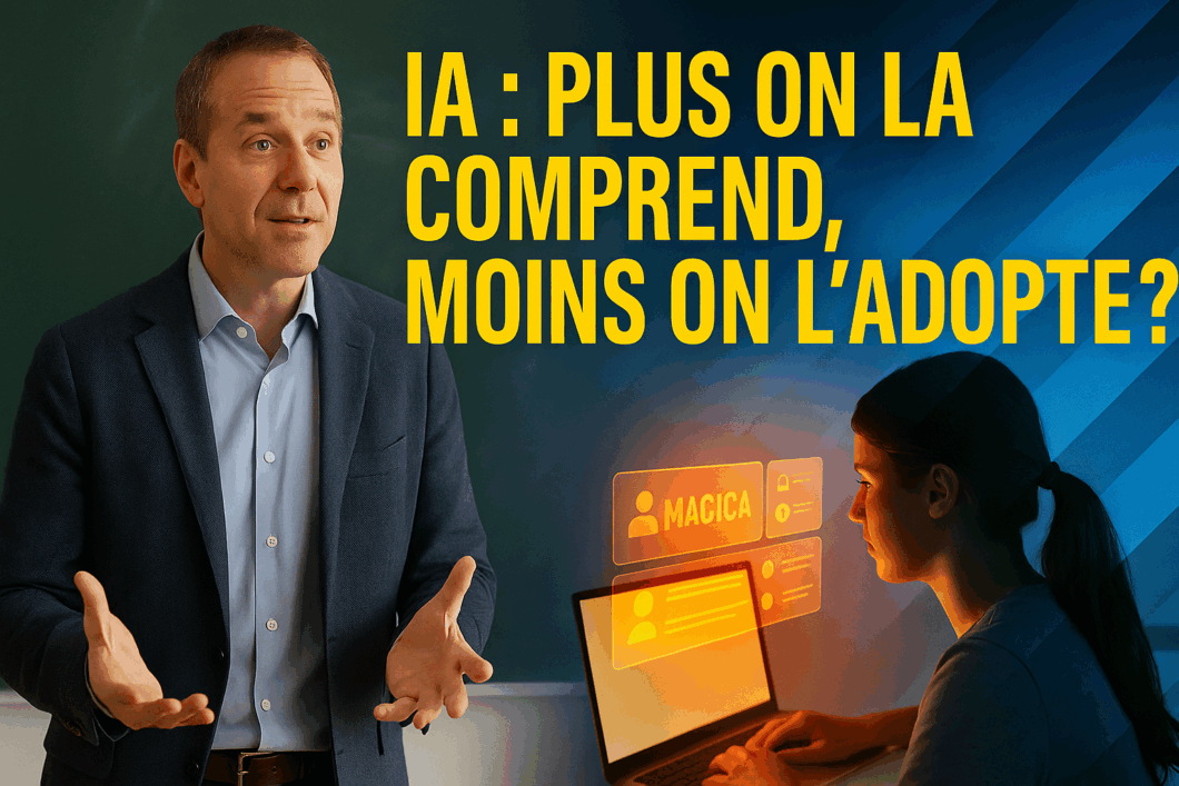 Portrait futuriste d’un homme mûr analysant des données numériques, illustrant l’impact de l’IA sur les métiers du savoir.