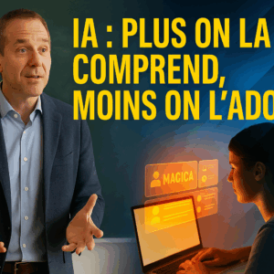 Portrait futuriste d’un homme mûr analysant des données numériques, illustrant l’impact de l’IA sur les métiers du savoir.