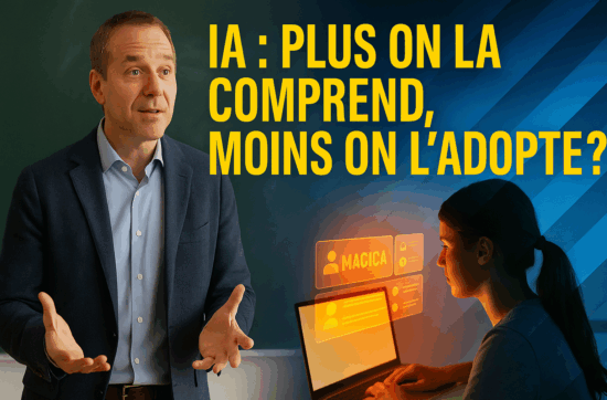 Portrait futuriste d’un homme mûr analysant des données numériques, illustrant l’impact de l’IA sur les métiers du savoir.