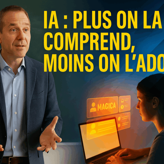 Portrait futuriste d’un homme mûr analysant des données numériques, illustrant l’impact de l’IA sur les métiers du savoir.