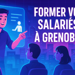 Professionnels en formation à Grenoble avec vue sur la ville et les montagnes.