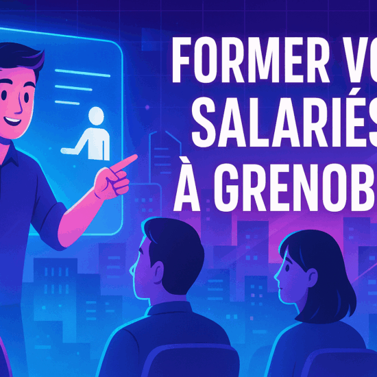 Professionnels en formation à Grenoble avec vue sur la ville et les montagnes.