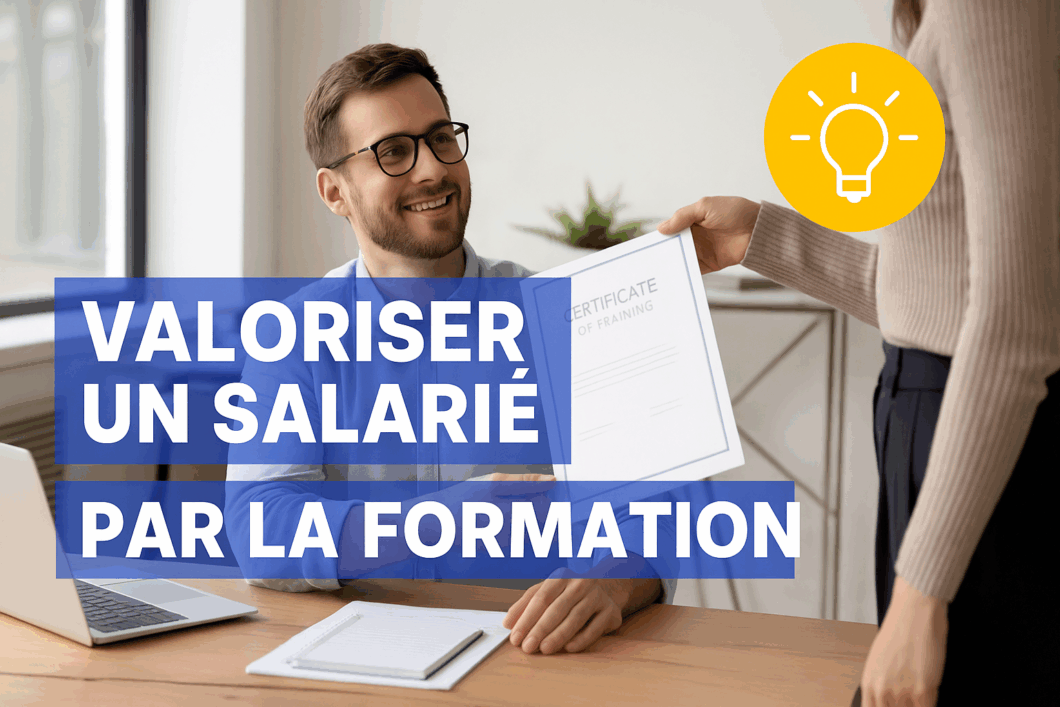 Un salarié concentré devant un ordinateur avec des éléments graphiques illustrant l’innovation, représentant l’idée de récompenser un salarié par une formation professionnelle.