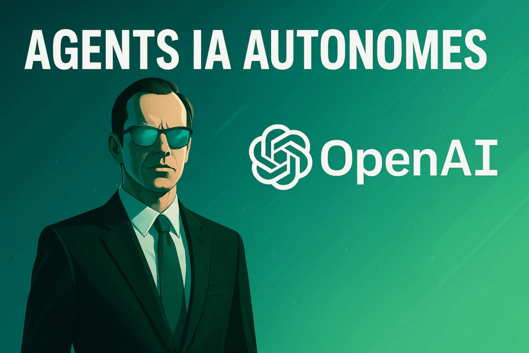 Un agent IA autonome, représenté comme un agent secret stylisé façon Matrix, se tient devant une interface futuriste affichant des données numériques, avec le logo OpenAI en arrière-plan