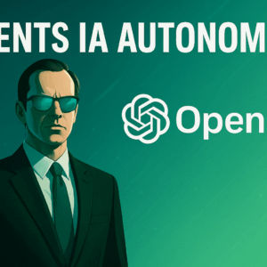 Un agent IA autonome, représenté comme un agent secret stylisé façon Matrix, se tient devant une interface futuriste affichant des données numériques, avec le logo OpenAI en arrière-plan