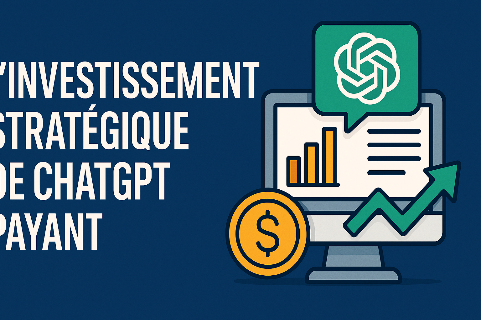 Illustration d'un bureau futuriste avec des éléments d'IA, représentant l'article "ChatGPT Payant : L'Investissement Stratégique qui Révolutionne la Productivité en Entreprise".
