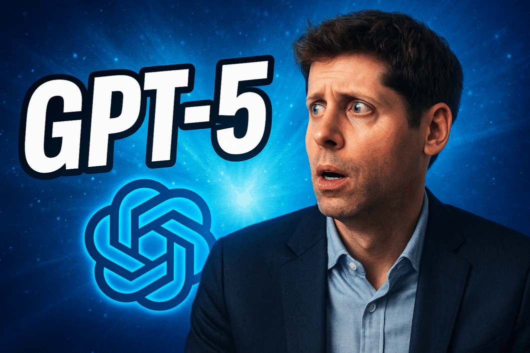Portrait illustré de Sam Altman bouleversé, entouré d’éléments futuristes symbolisant la puissance de GPT-5