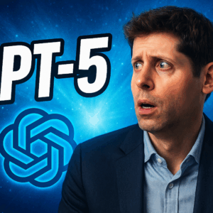 Portrait illustré de Sam Altman bouleversé, entouré d’éléments futuristes symbolisant la puissance de GPT-5