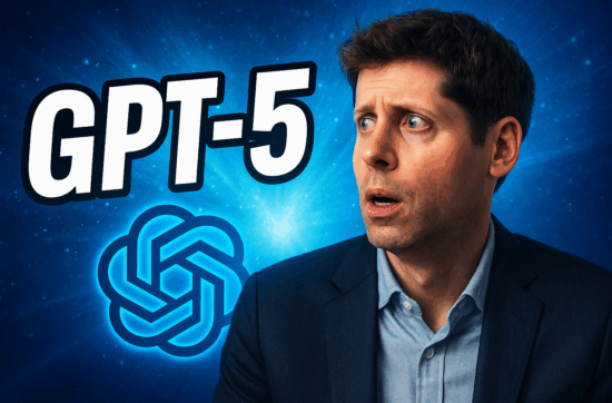 Portrait illustré de Sam Altman bouleversé, entouré d’éléments futuristes symbolisant la puissance de GPT-5