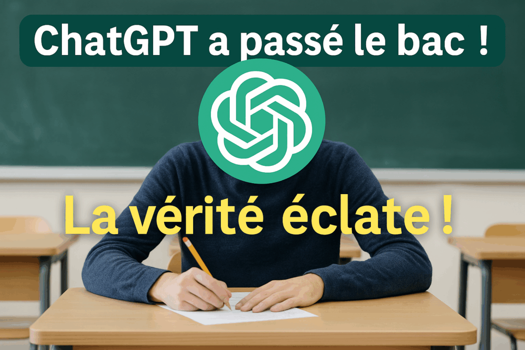 Un étudiant assis seul à une table d’examen, avec le logo de ChatGPT à la place de la tête, incarnant une intelligence artificielle en situation d’épreuve du bac.