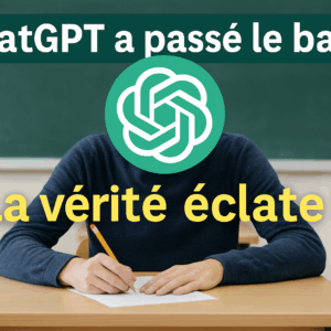 Un étudiant assis seul à une table d’examen, avec le logo de ChatGPT à la place de la tête, incarnant une intelligence artificielle en situation d’épreuve du bac.