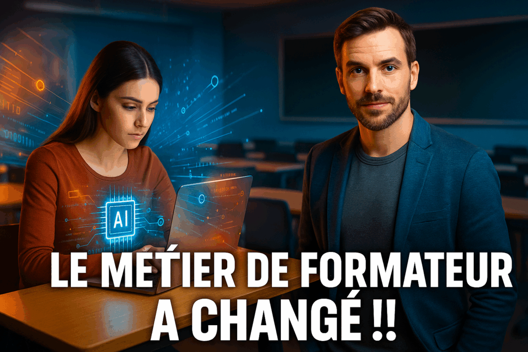 Un formateur debout devant une salle de classe vide, tandis qu'une femme apprend seule devant son ordinateur, illustrant la transformation du métier de formateur à l’ère du digital.