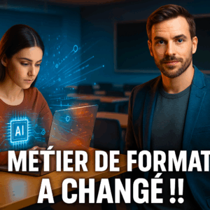 Un formateur debout devant une salle de classe vide, tandis qu'une femme apprend seule devant son ordinateur, illustrant la transformation du métier de formateur à l’ère du digital.