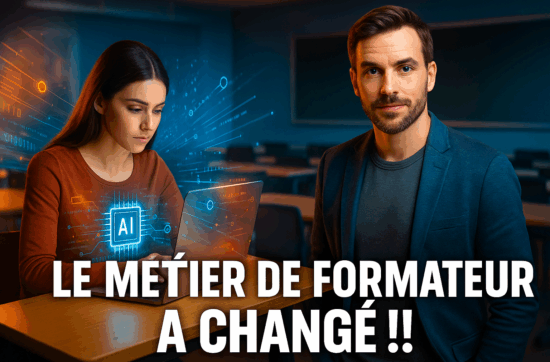 Un formateur debout devant une salle de classe vide, tandis qu'une femme apprend seule devant son ordinateur, illustrant la transformation du métier de formateur à l’ère du digital.