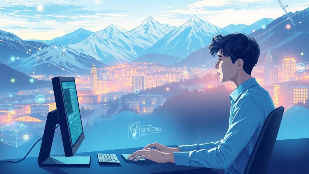 Illustration moderne représentant l’intelligence artificielle et la formation professionnelle à Grenoble, pour illustrer l’article sur comment se former à l’IA à Grenoble