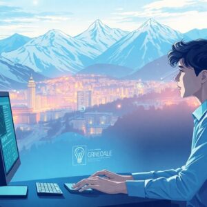 Illustration moderne représentant l’intelligence artificielle et la formation professionnelle à Grenoble, pour illustrer l’article sur comment se former à l’IA à Grenoble