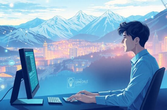 Illustration moderne représentant l’intelligence artificielle et la formation professionnelle à Grenoble, pour illustrer l’article sur comment se former à l’IA à Grenoble