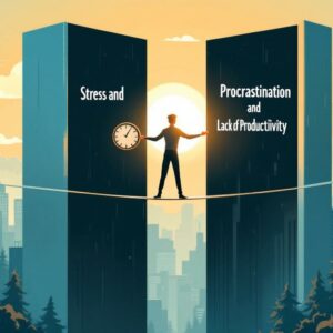 Un funambule marchant sur un fil tendu entre deux gratte-ciels, représentant l'équilibre entre le stress et la procrastination dans la gestion du temps de travail.