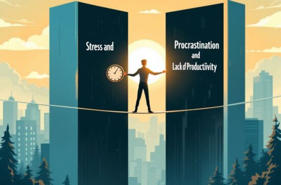 Un funambule marchant sur un fil tendu entre deux gratte-ciels, représentant l'équilibre entre le stress et la procrastination dans la gestion du temps de travail.